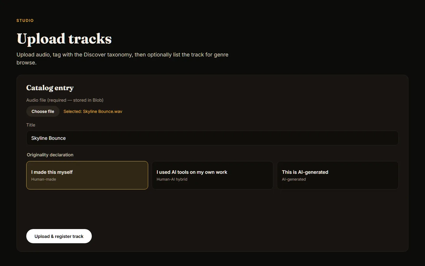 Creodome Studio upload form with originality declaration picker visible