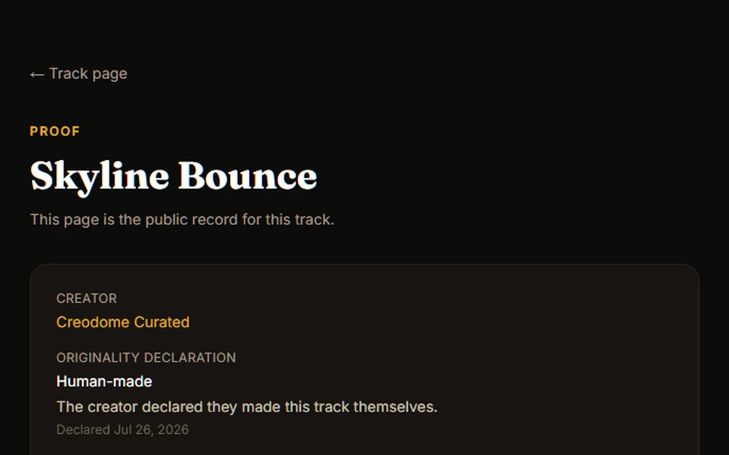 Creodome public proof page showing originality declaration, content hash, and timestamp